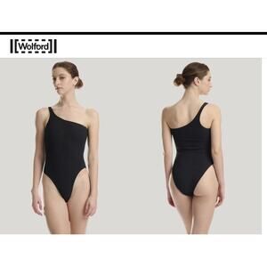 Wolford Black one shoulder one piece textured bathing suit XL NWT